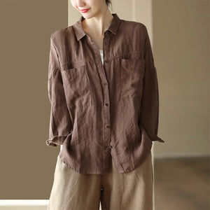 Áo sơ mi linen dài tay cổ đức hai túi vuông form rộng - NU9137