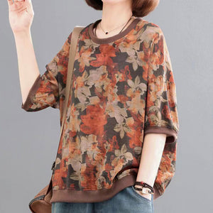 Áo T-shirt linen ngắn tay cổ màu in hoa lá - NU9964