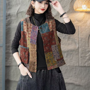 Áo khoác gile cổ tròn khuy cài in hoa lá kiểu chắp vá - A675