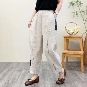 Quần baggy linen lưng thun kiểu chỉ nổi chắp vá - NU8985