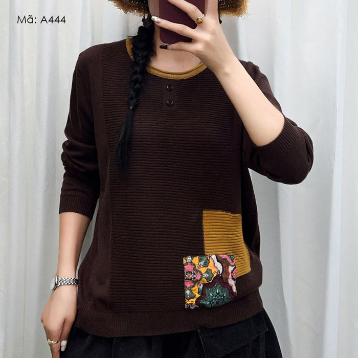 Áo len gợn sóng dài tay cổ tròn đính hoa văn ô vuông - A444