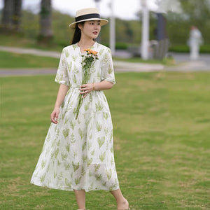 Đầm liền linen ngắn tay cổ V in những chiếc lá - NU8789