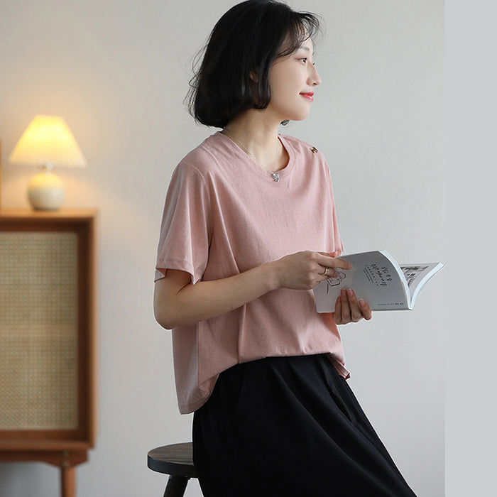 Áo T-shirt ngắn tay cổ tròn thêu chú cón nhỏ - NU10083
