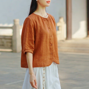 Áo sơ mi linen ngắn tay cổ tròn vạt bo - NU9844