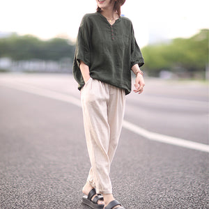 Áo T-shirt linen ngắn tay cổ V khuy cài một túi nhỏ - NU8982