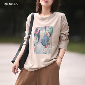 Áo T-shirt dài tay cổ tròn in cây Xương rồng - NU9689