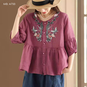 Áo sơ mi linen ngắn tay cổ tròn thêu hoa bướm - A731