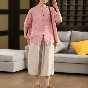 Áo sơ mi linen ngắn tay cổ tròn túi vuông đơn sắc - A895