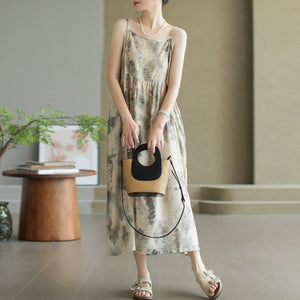 Đầm liền linen hai dây retro in hoa lá màu loang - D002