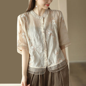 Áo sơ mi organza ngắn tay cổ tròn thêu hoa lá - A010