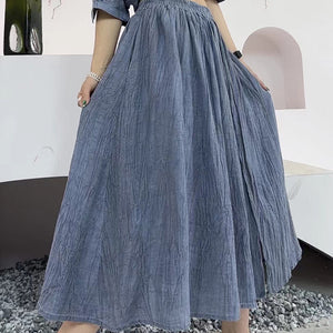 Bộ đồ linen gồm chân váy xẻ vạt và áo sơ mi ngắn tay cổ tròn - NU10405