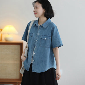 Áo sơ mi denim ngắn tay cổ đức hai túi - NU10069