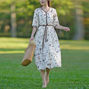Đầm liền linen ngắn tay cổ V ba khuy in hoa lá - NU9035