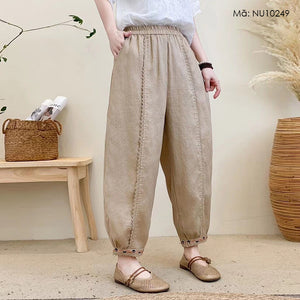 Quần baggy linen lưng thun ống côn thêu hoa lá - NU10248