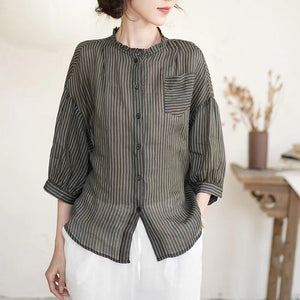 Áo sơ mi linen ngắn tay cổ đứng kẻ sọc - NU10079