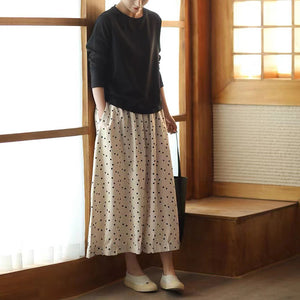 Chân váy linen chấm bi lưng thun dây rút - V075