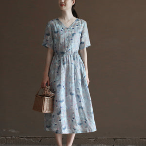 Đầm liền linen ngắn tay cổ V in những cánh bướm - NU10020