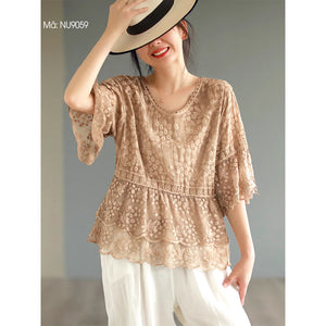 Áo T-shirt thêu ren retro ngắn tay cổ tròn - NU9058