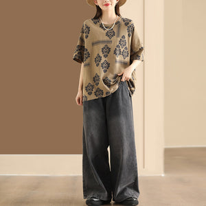 Áo T-shirt linen ngắn tay cổ tròn hoa văn trừu tượng - NU9985