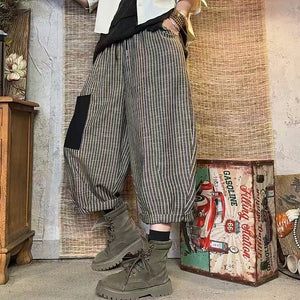 Quần baggy linen lưng thun ống rộng kẻ sọc miếng vá - Q140