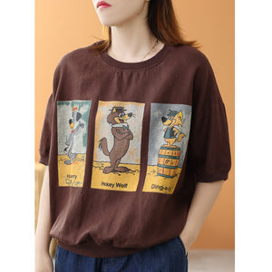 Áo T-shirt linen ngắn tay cổ tròn in hoạt hình - NU8776