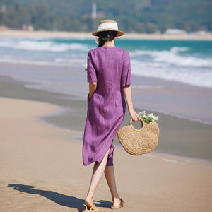 Đầm liền linen ngắn tay cổ V thêu trước ngực - NU9903