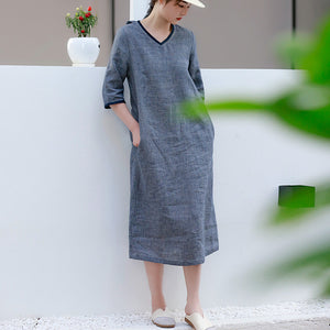 Đầm liền linen ngắn tay cổ V kẻ caro eo thắt dây - NU8786