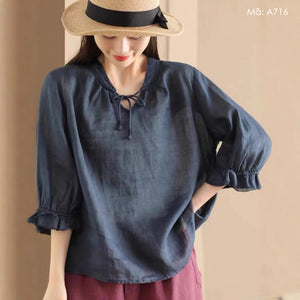 Áo sơ mi linen tay lửng cổ V cột dây - A715