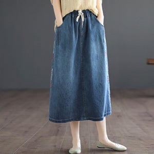 Chân váy denim lưng thun dây rút thêu hoa lá - NU8874