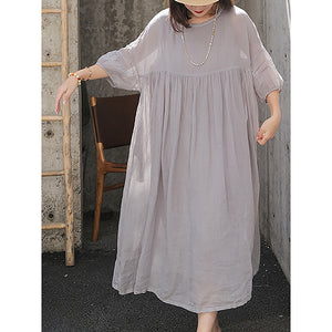 Đầm liền linen ngắn tay cổ tròn eo xếp ly đơn sắc - NU9038