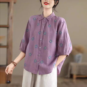 Áo sơ mi linen ngắn tay cổ đức đính ren thêu những bông hoa - NU9915