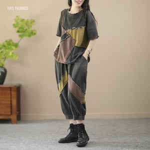 Bộ đồ gồm áo T-shirt ngắn tay và quần baggy denim kiểu chắp vá - NU8802
