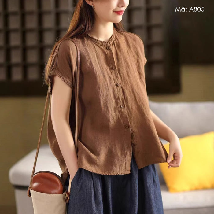 Áo sơ mi linen ngắn tay cổ tròn xếp ly - A804