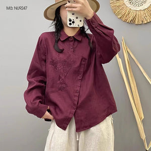 Áo sơ mi linen dài tay cổ đức thêu hoa vạt kiểu - NU9246