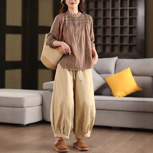 Áo sơ mi linen dài tay cổ đứng thêu retro kẻ sọc - A740