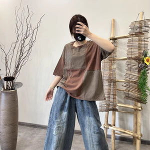 Áo T-shirt linen ngắn tay cổ tròn thêu chiếc lá - A788