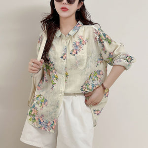 Áo sơ mi linen dài tay cổ pipi in hoa lá một túi tam giác - A687