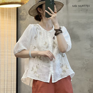 Áo sơ mi linen ngắn cổ tròn xếp ly thêu hoa lá - NU9773