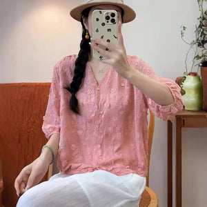Áo sơ mi cardigan linen tay lửng cổ V thêu hoa lá - NU10500