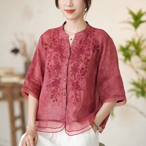 Áo sơ mi linen ngắn tay cổ đứng thêu hoa lá và in đồng màu - NU10454