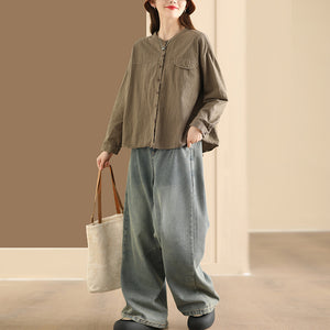 Áo sơ mi linen dài tay cổ tròn kẻ caro túi nắp tròn - NU9966