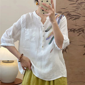 Áo sơ mi linen ngắn tay cổ đứng in lông vũ - NU10097