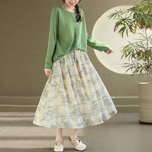Chân váy linen lưng thun hai lớp in hoa lá - NU10246