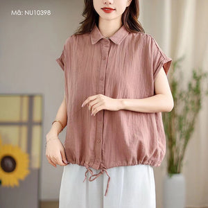 Áo sơ mi linen sát nách cổ đức vạt bằng dây rút - NU10397
