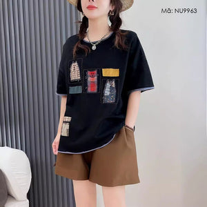 Áo T-shirt ngắn tay thêu ba chú mèo cổ tròn - NU9962