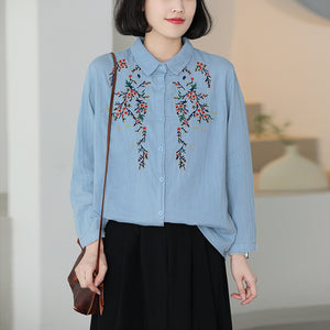 Áo sơ mi linen dài tay cổ đức thêu hoa lá đối xứng trước ngực - NU9938