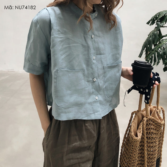 Áo sơ mi linen ngắn tay cổ đứng hai túi vuông  - NU7418