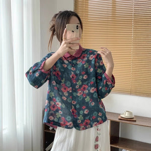 Áo sơ mi linen tay lửng cổ pipi in hoa lá - A681