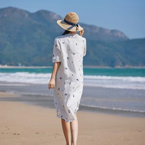 Đầm liền linen ngắn tay cổ tròn thêu hoa tulip - NU9905