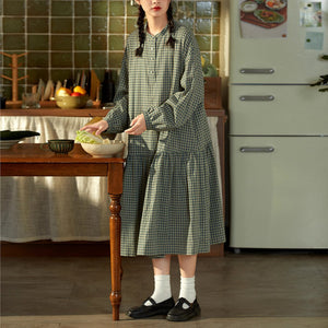 Đầm liền linen Morigirl dài tay cổ đứng kẻ caro - D041